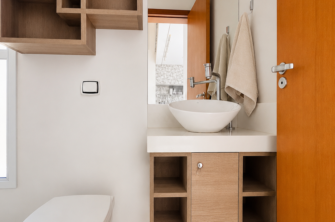 Banheiro minimalista com detalhes em madeira