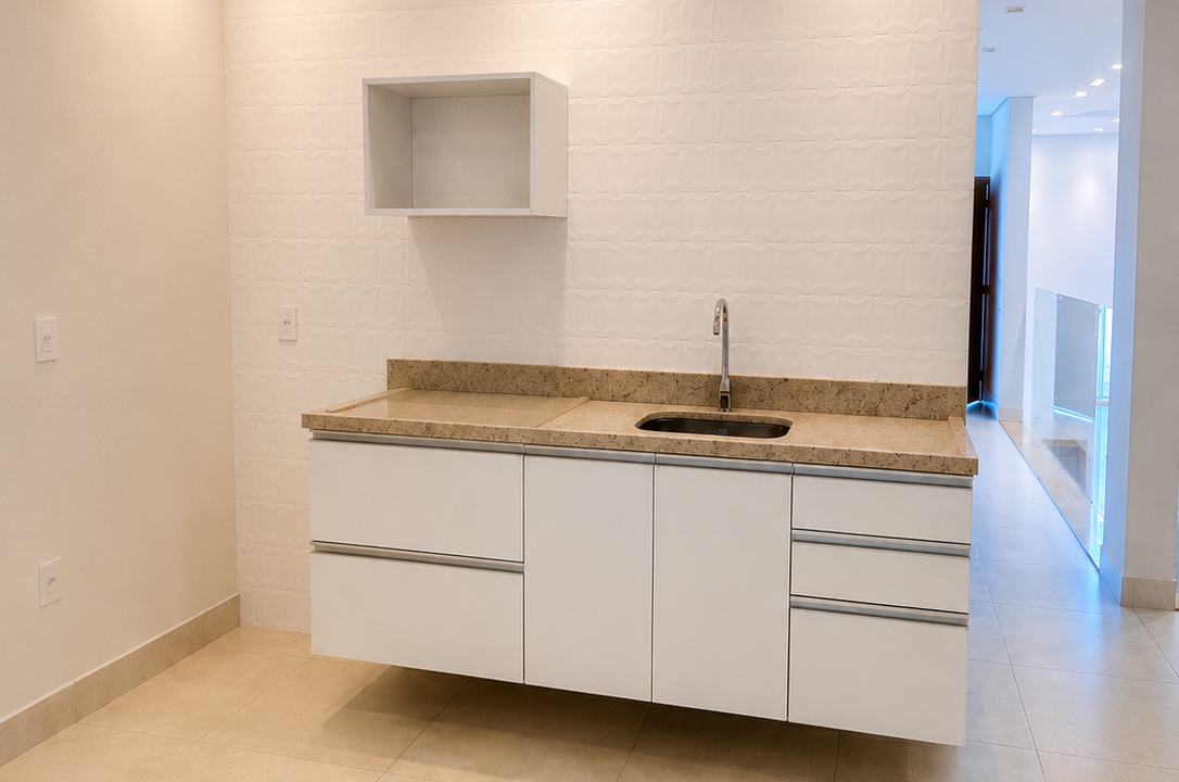 Cozinha minimalista e iluminada