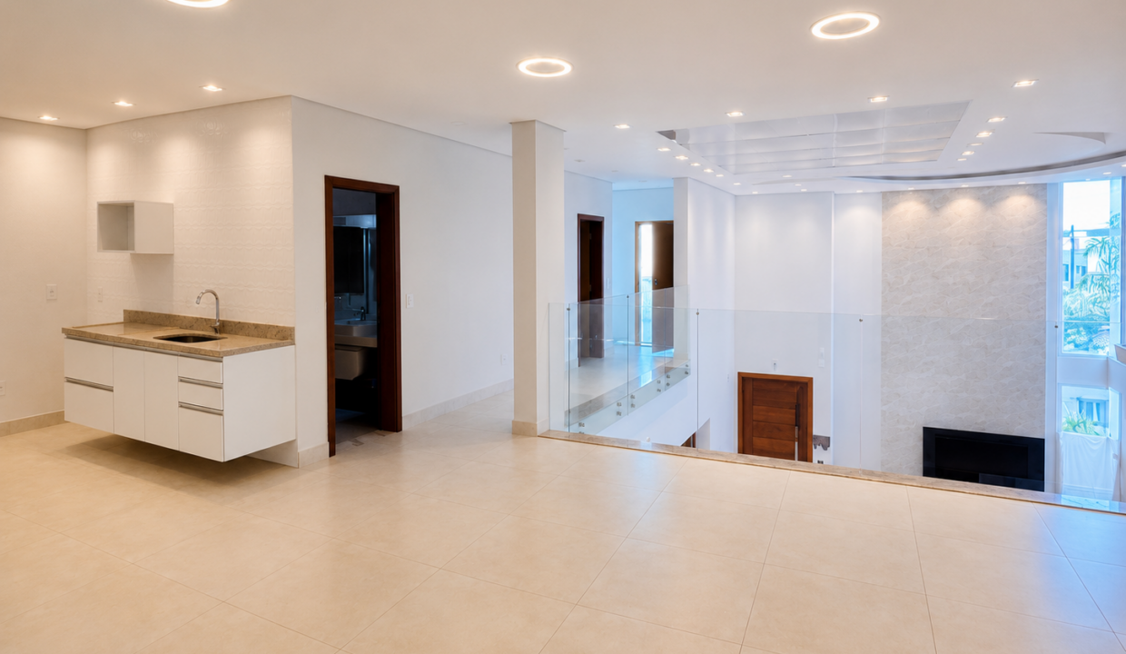 Escada minimalista e iluminação sofisticada
