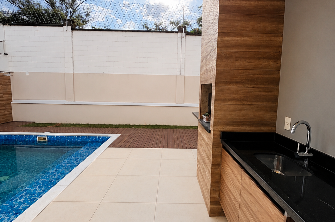 Pátio moderno com piscina e churrasqueira