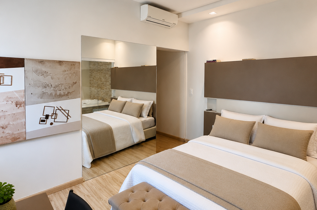 Quarto minimalista e moderno com espelho