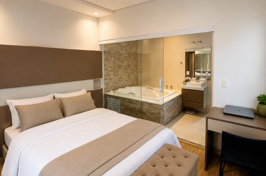 Quarto moderno com banheiro integrado